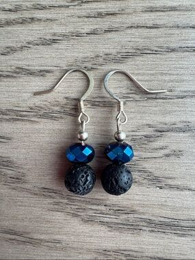 Aromatherapy Sparkly Blue and Black Lava Bead Drop Earrings